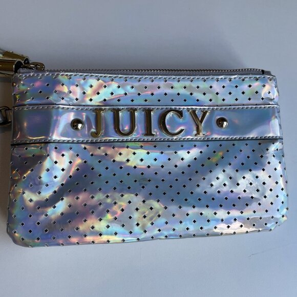 Vintage Y2K Juicy Couture Double Pouch Wristlet Silver Iridescent Zip Top Tassel - Picture 2 of 10